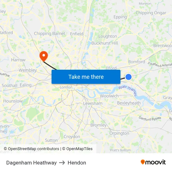 Dagenham Heathway to Hendon map