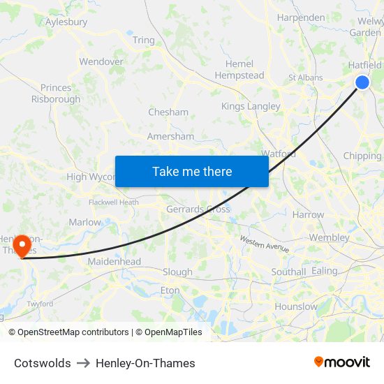 Cotswolds to Henley-On-Thames map