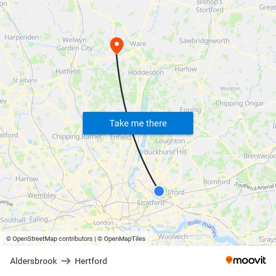 Aldersbrook to Hertford map