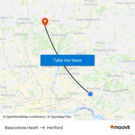 Beacontree Heath to Hertford map