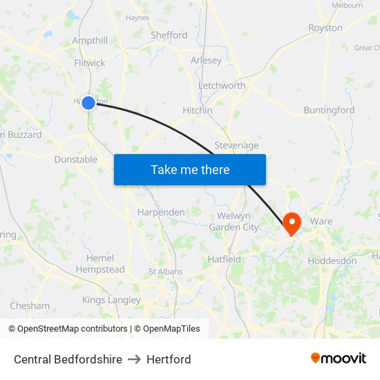 Central Bedfordshire to Hertford map