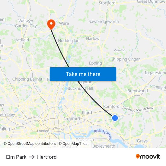 Elm Park to Hertford map