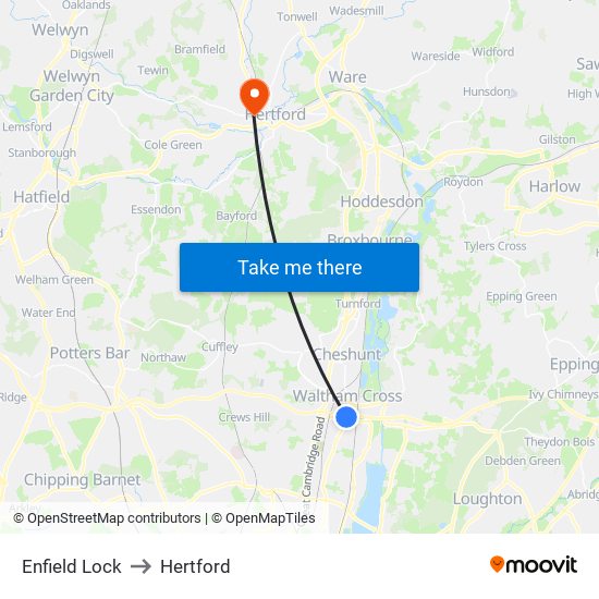 Enfield Lock to Hertford map