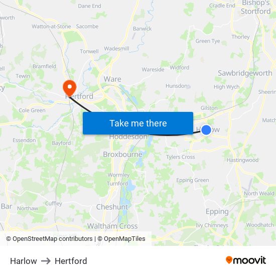 Harlow to Hertford map