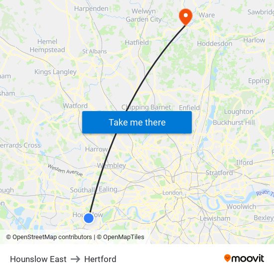 Hounslow East to Hertford map