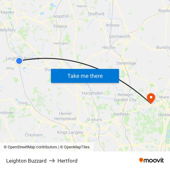 Leighton Buzzard to Hertford map