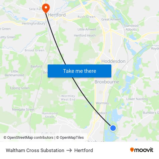 Waltham Cross Substation to Hertford map