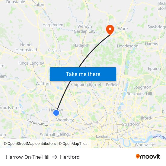 Harrow-On-The-Hill to Hertford map