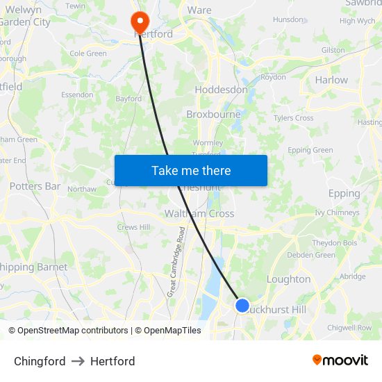 Chingford to Hertford map