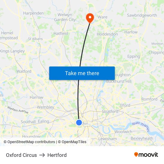 Oxford Circus to Hertford map