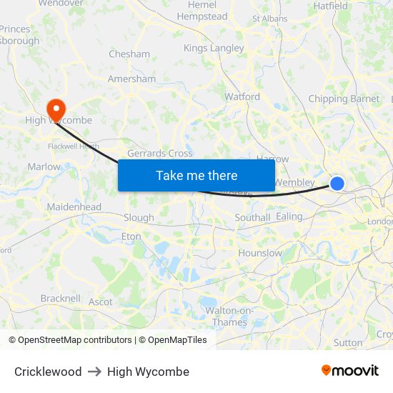 Cricklewood to High Wycombe map