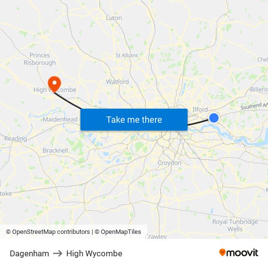 Dagenham to High Wycombe map