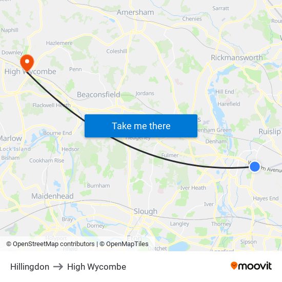 Hillingdon to High Wycombe map