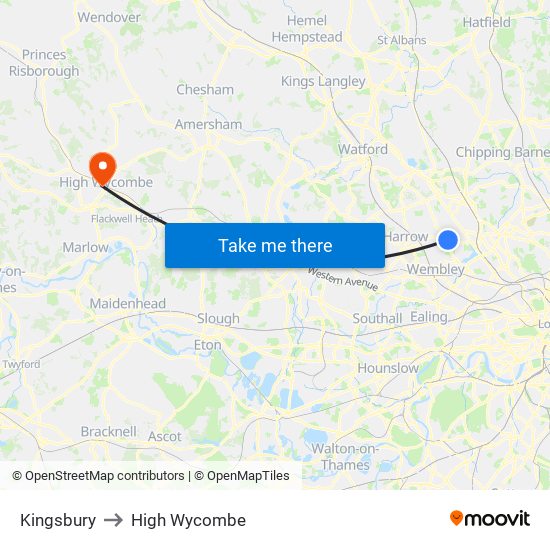 Kingsbury to High Wycombe map