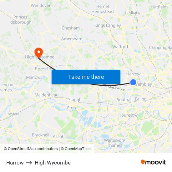 Harrow to High Wycombe map