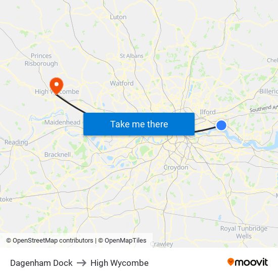 Dagenham Dock to High Wycombe map