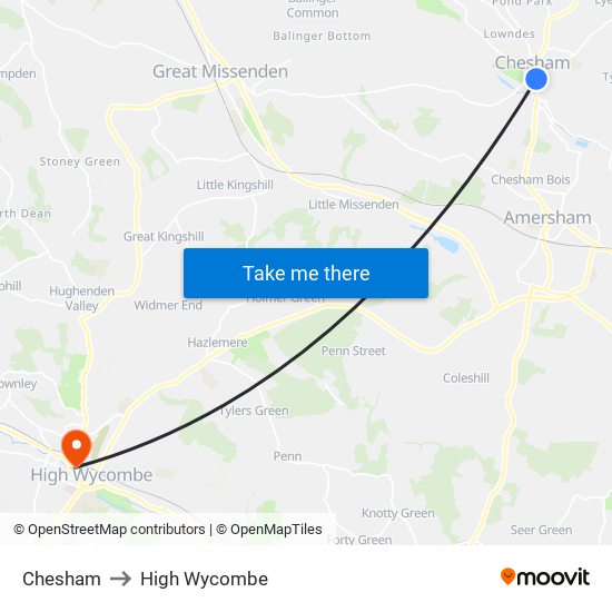 Chesham to High Wycombe map