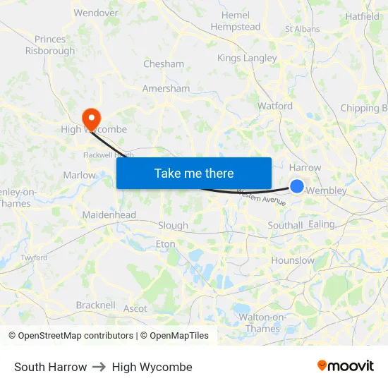 South Harrow to High Wycombe map