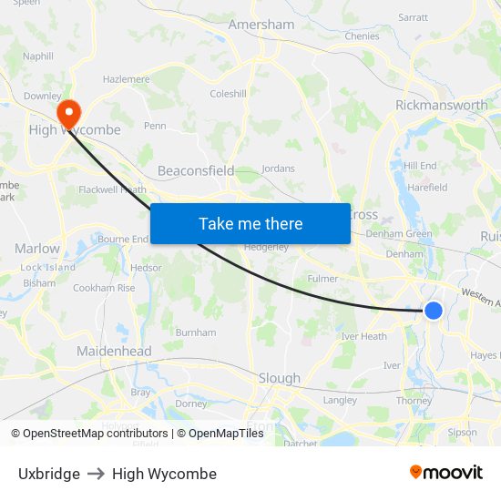 Uxbridge to High Wycombe map