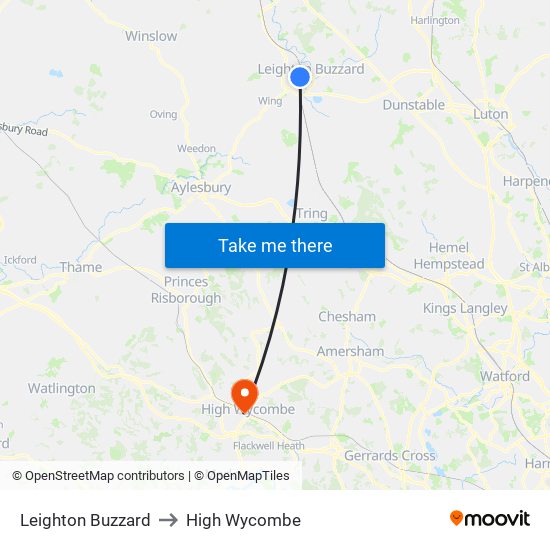 Leighton Buzzard to High Wycombe map