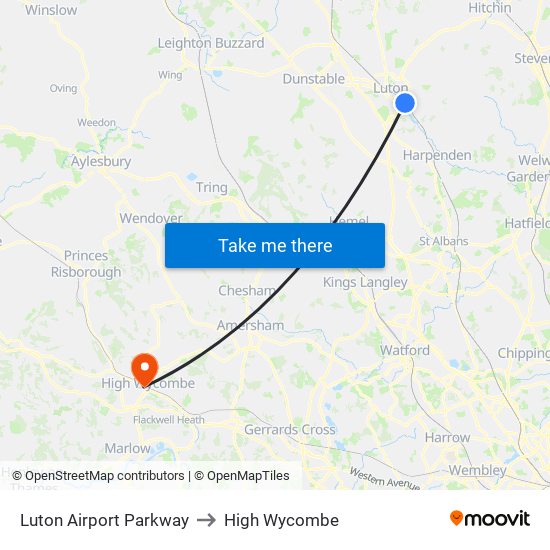 Luton Airport Parkway to High Wycombe map