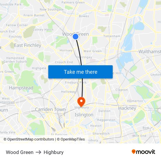 Wood Green to Highbury map