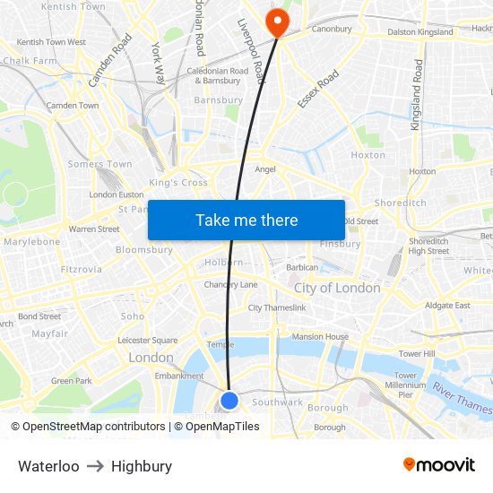 Waterloo to Highbury map