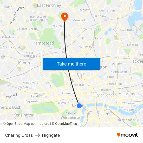 Charing Cross to Highgate map