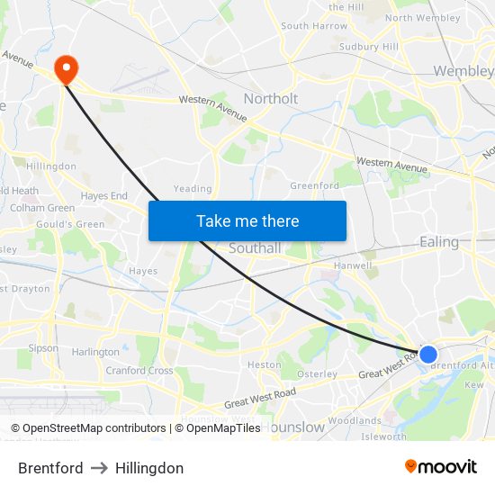 Brentford to Hillingdon map