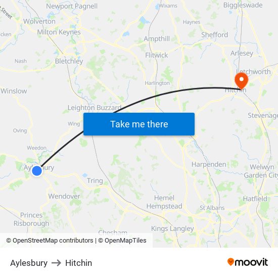 Aylesbury to Hitchin map