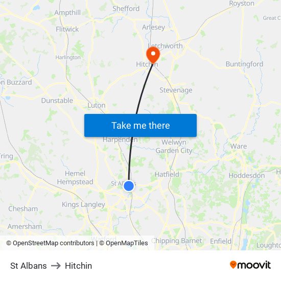 St Albans to Hitchin map