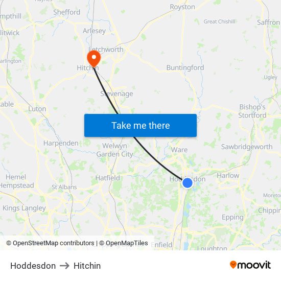 Hoddesdon to Hitchin map