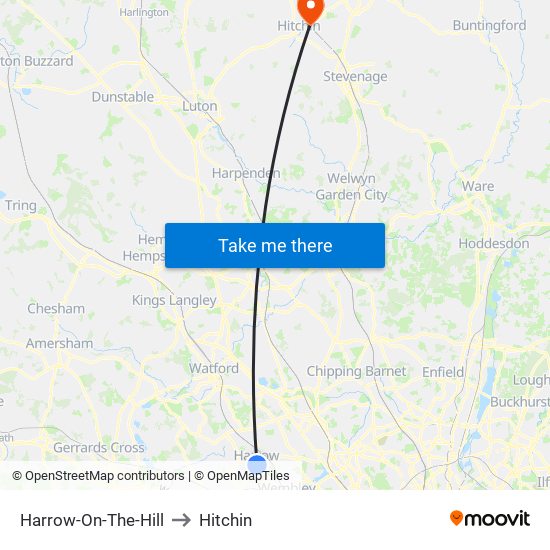 Harrow-On-The-Hill to Hitchin map