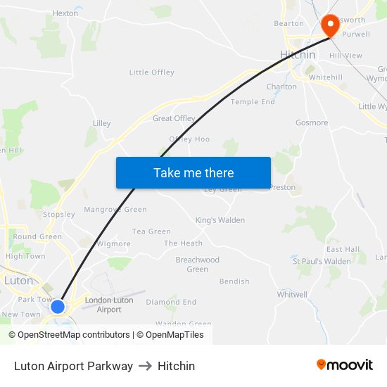 Luton Airport Parkway to Hitchin map