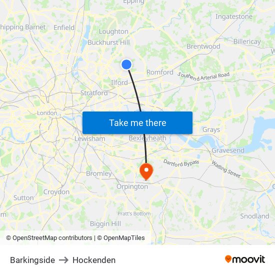 Barkingside to Hockenden map