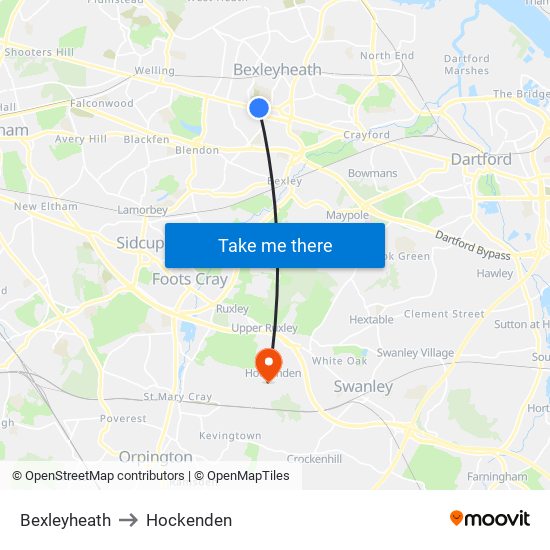 Bexleyheath to Hockenden map