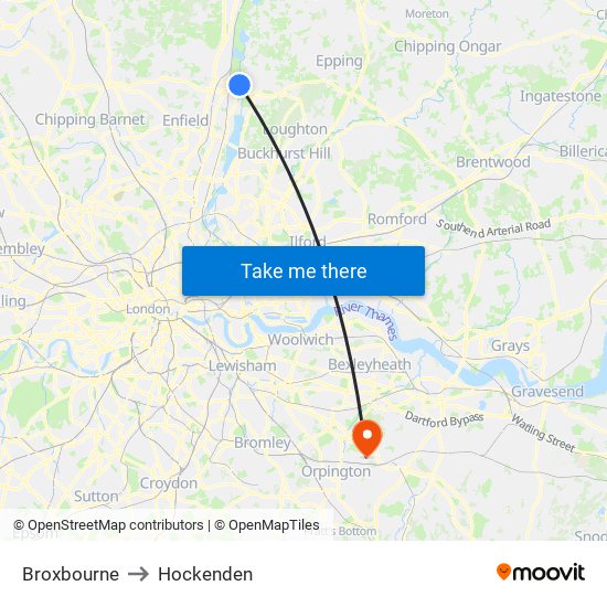 Broxbourne to Hockenden map