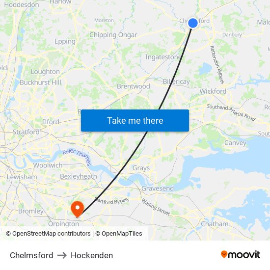 Chelmsford to Hockenden map