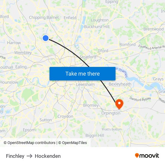 Finchley to Hockenden map