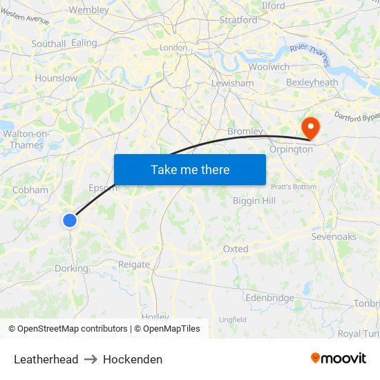 Leatherhead to Hockenden map