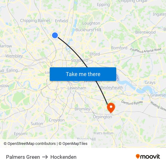 Palmers Green to Hockenden map