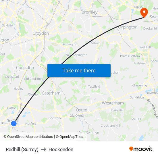 Redhill (Surrey) to Hockenden map