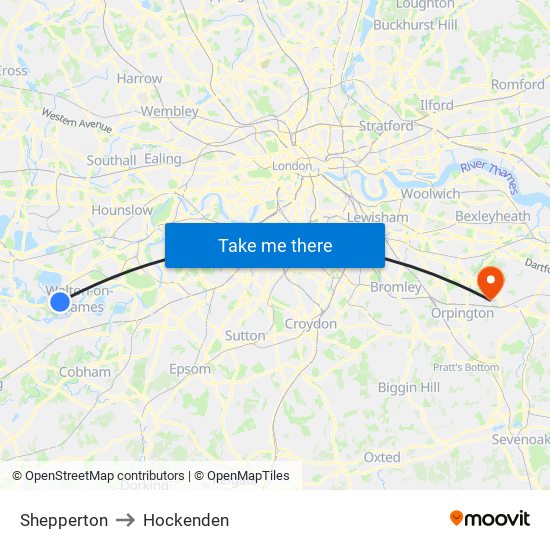 Shepperton to Hockenden map