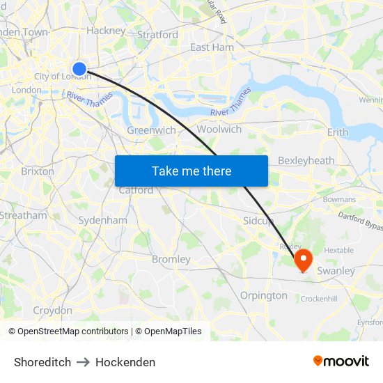 Shoreditch to Hockenden map