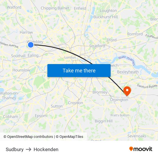 Sudbury to Hockenden map