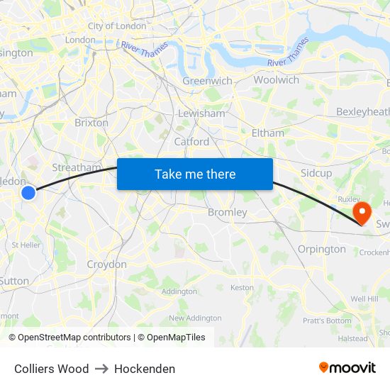 Colliers Wood to Hockenden map