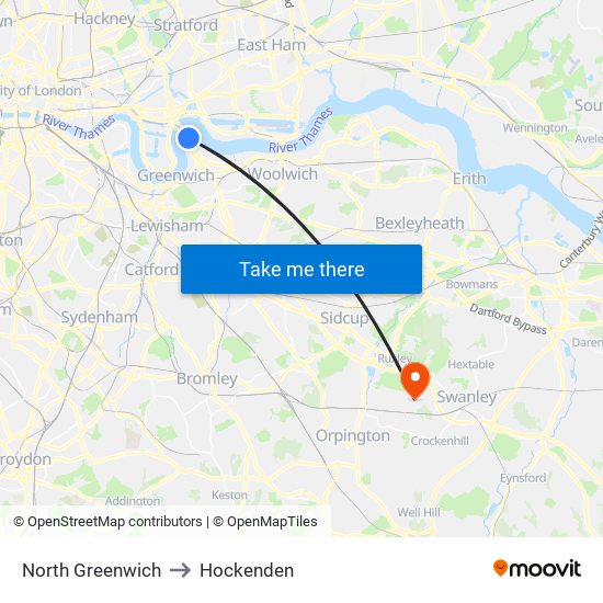 North Greenwich to Hockenden map