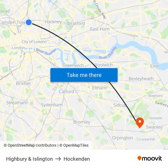 Highbury & Islington to Hockenden map