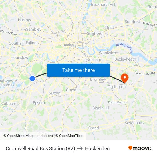 Cromwell Road Bus Station (A2) to Hockenden map