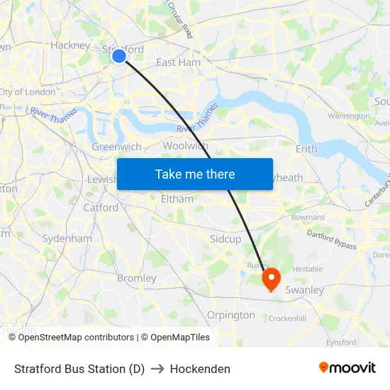Stratford Bus Station (D) to Hockenden map
